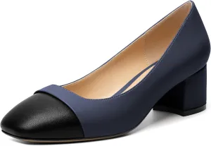 Zamikoo Women's Square Toe Block Heel Pumps, Slip on Chunky Low Heels, Cap Toe Classic Dress Shoes for Office Wedding Event Evening 2 Inches