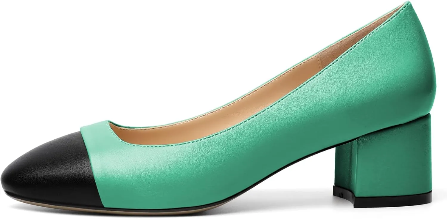 Zamikoo Women's Square Toe Block Heel Pumps, Slip on Chunky Low Heels, Cap Toe Classic Dress Shoes for Office Wedding Event Evening 2 Inches