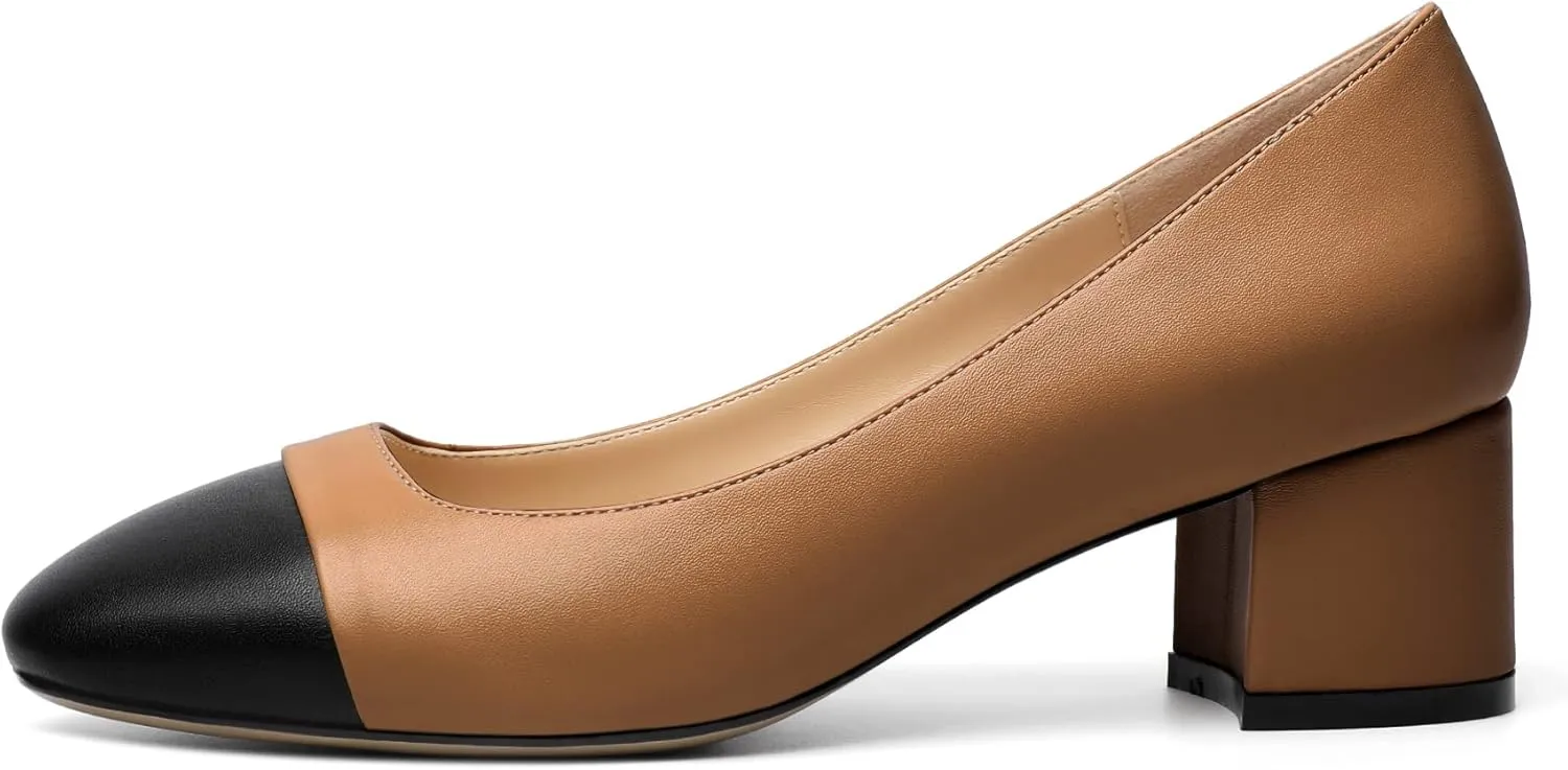 Zamikoo Women's Square Toe Block Heel Pumps, Slip on Chunky Low Heels, Cap Toe Classic Dress Shoes for Office Wedding Event Evening 2 Inches
