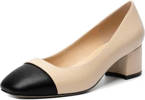 Zamikoo Women's Square Toe Block Heel Pumps, Slip on Chunky Low Heels, Cap Toe Classic Dress Shoes for Office Wedding Event Evening 2 Inches