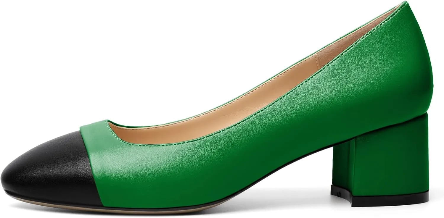 Zamikoo Women's Square Toe Block Heel Pumps, Slip on Chunky Low Heels, Cap Toe Classic Dress Shoes for Office Wedding Event Evening 2 Inches