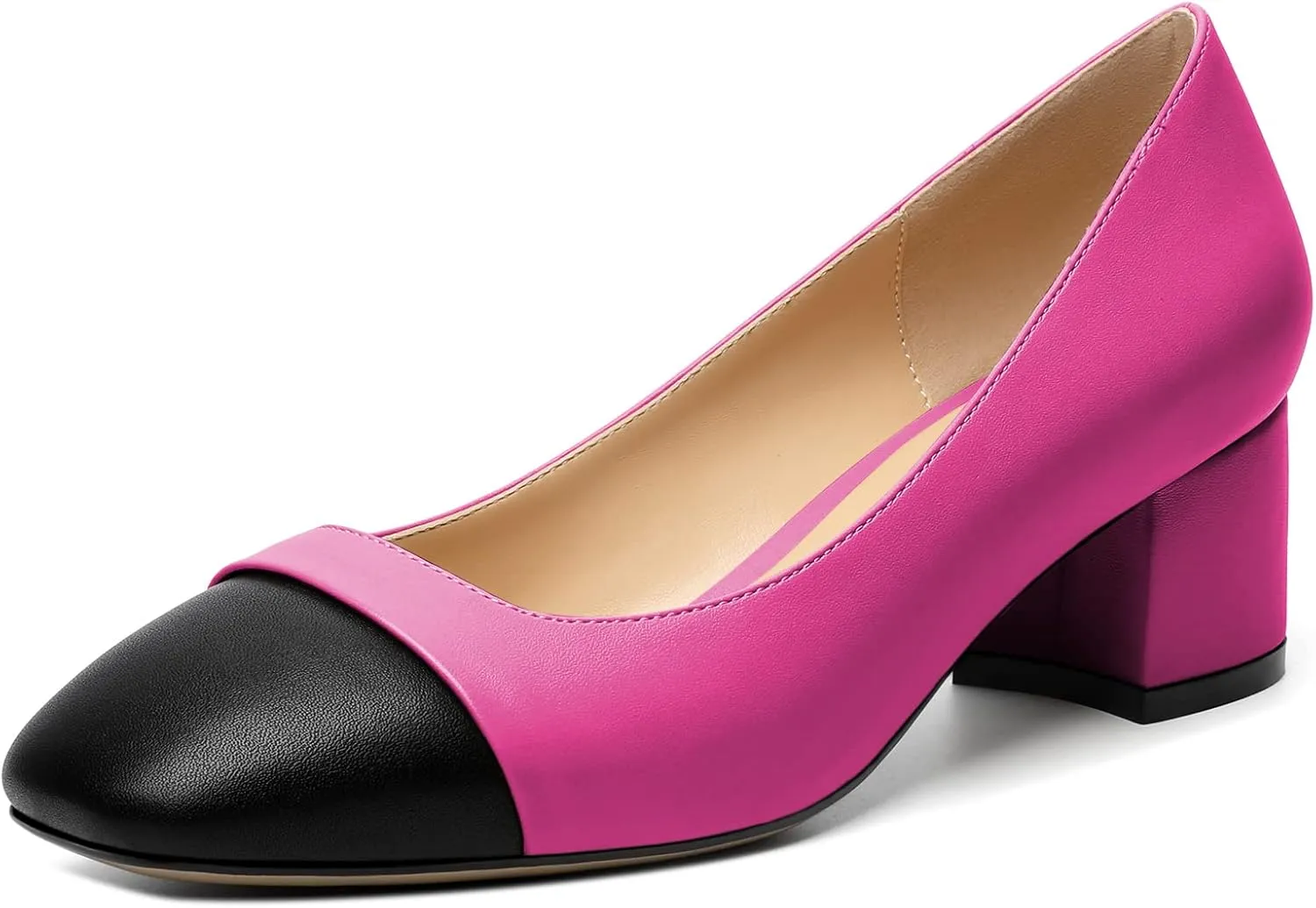 Zamikoo Women's Square Toe Block Heel Pumps, Slip on Chunky Low Heels, Cap Toe Classic Dress Shoes for Office Wedding Event Evening 2 Inches