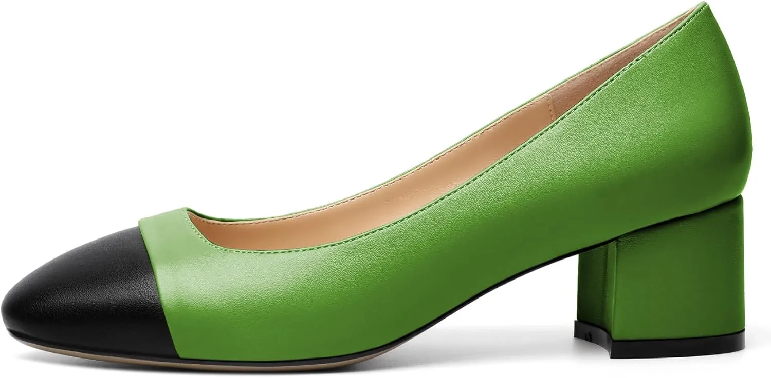 Zamikoo Women's Square Toe Block Heel Pumps, Slip on Chunky Low Heels, Cap Toe Classic Dress Shoes for Office Wedding Event Evening 2 Inches
