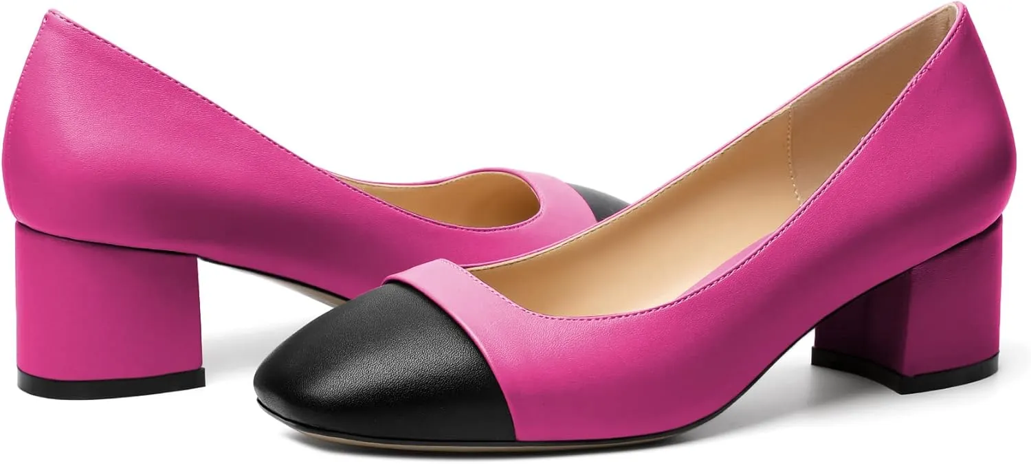 Zamikoo Women's Square Toe Block Heel Pumps, Slip on Chunky Low Heels, Cap Toe Classic Dress Shoes for Office Wedding Event Evening 2 Inches