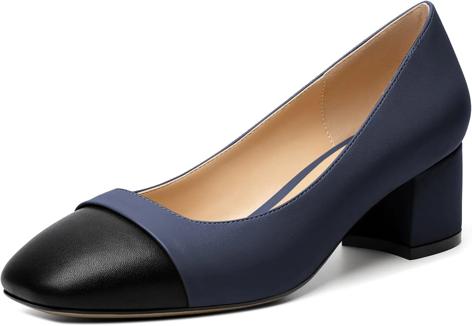 Zamikoo Women's Square Toe Block Heel Pumps, Slip on Chunky Low Heels, Cap Toe Classic Dress Shoes for Office Wedding Event Evening 2 Inches