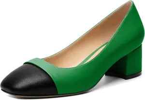 Zamikoo Women's Square Toe Block Heel Pumps, Slip on Chunky Low Heels, Cap Toe Classic Dress Shoes for Office Wedding Event Evening 2 Inches