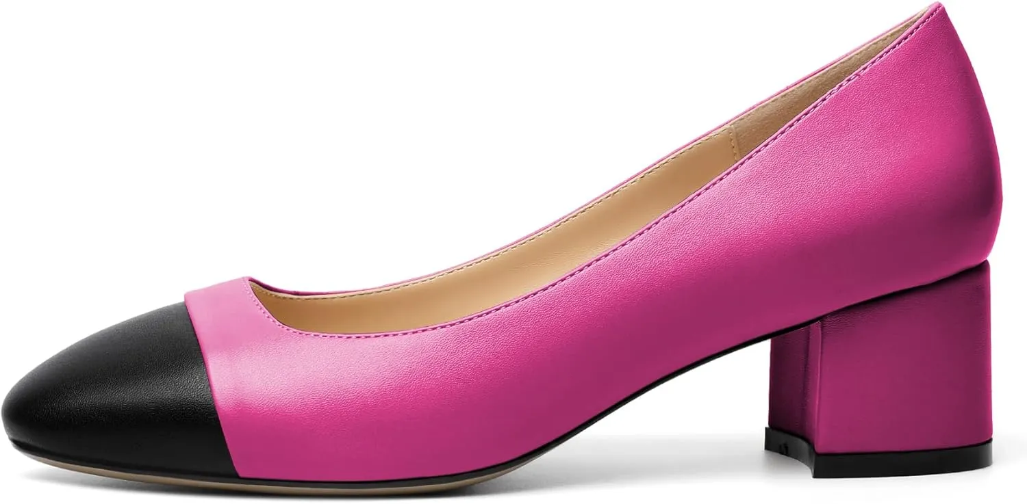 Zamikoo Women's Square Toe Block Heel Pumps, Slip on Chunky Low Heels, Cap Toe Classic Dress Shoes for Office Wedding Event Evening 2 Inches