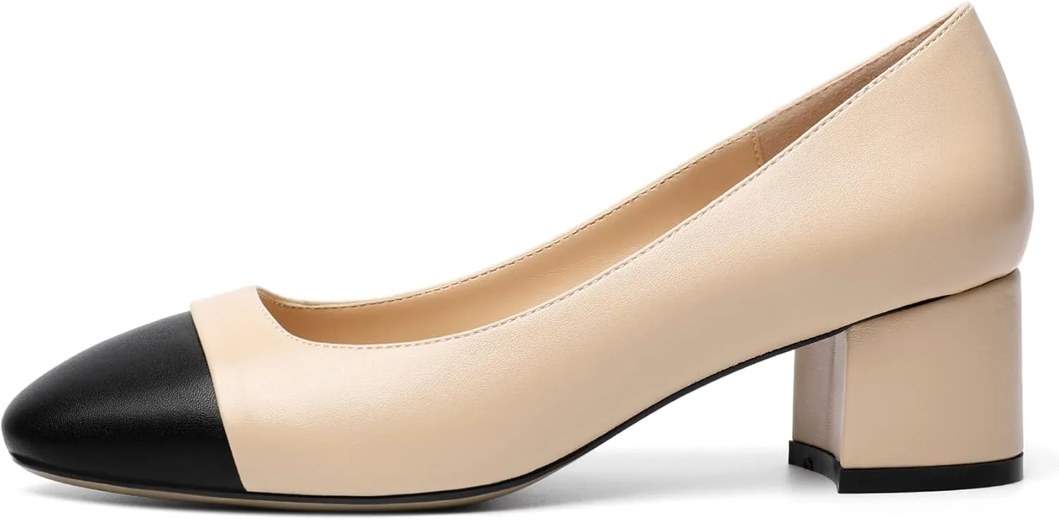 Zamikoo Women's Square Toe Block Heel Pumps, Slip on Chunky Low Heels, Cap Toe Classic Dress Shoes for Office Wedding Event Evening 2 Inches