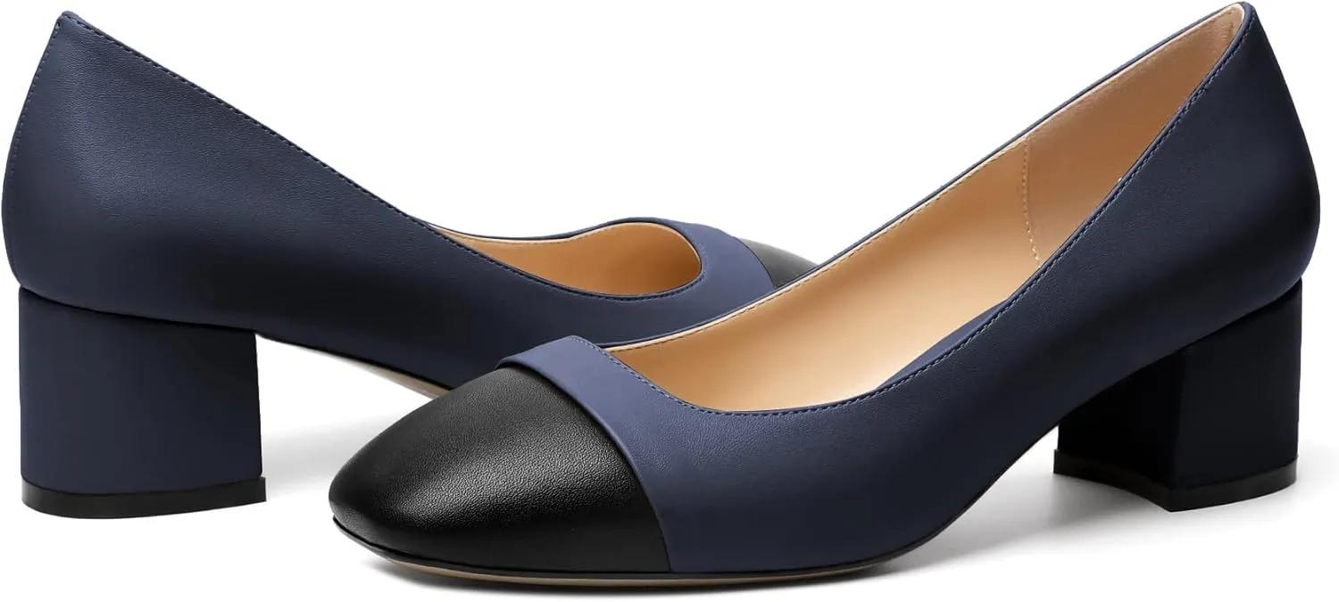 Zamikoo Women's Square Toe Block Heel Pumps, Slip on Chunky Low Heels, Cap Toe Classic Dress Shoes for Office Wedding Event Evening 2 Inches