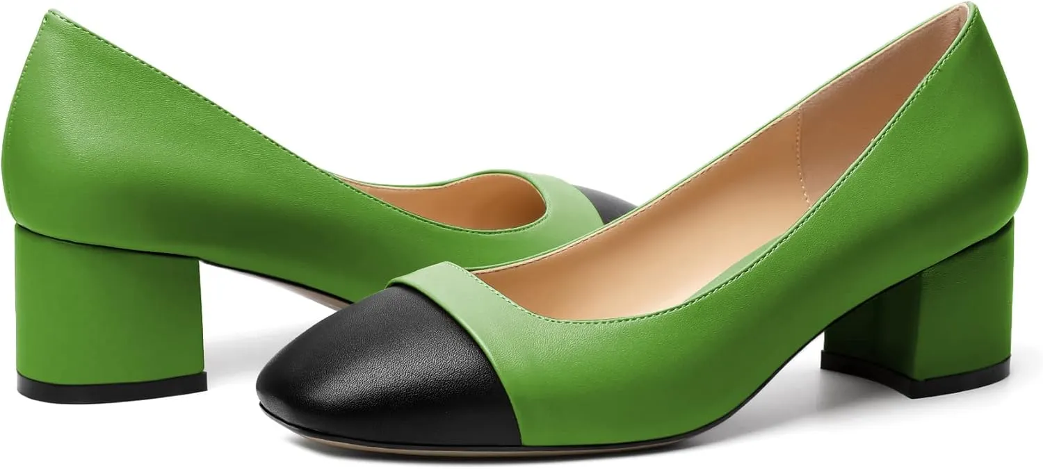 Zamikoo Women's Square Toe Block Heel Pumps, Slip on Chunky Low Heels, Cap Toe Classic Dress Shoes for Office Wedding Event Evening 2 Inches