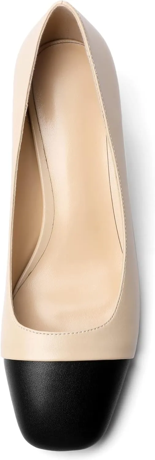 Zamikoo Women's Square Toe Block Heel Pumps, Slip on Chunky Low Heels, Cap Toe Classic Dress Shoes for Office Wedding Event Evening 2 Inches